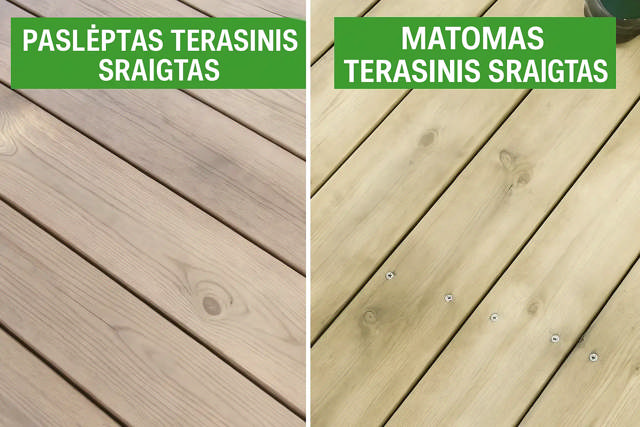 Två bilder som visar skillnaden på trall monterad med vanlig skruv och trall monterad med dold trallskruv.