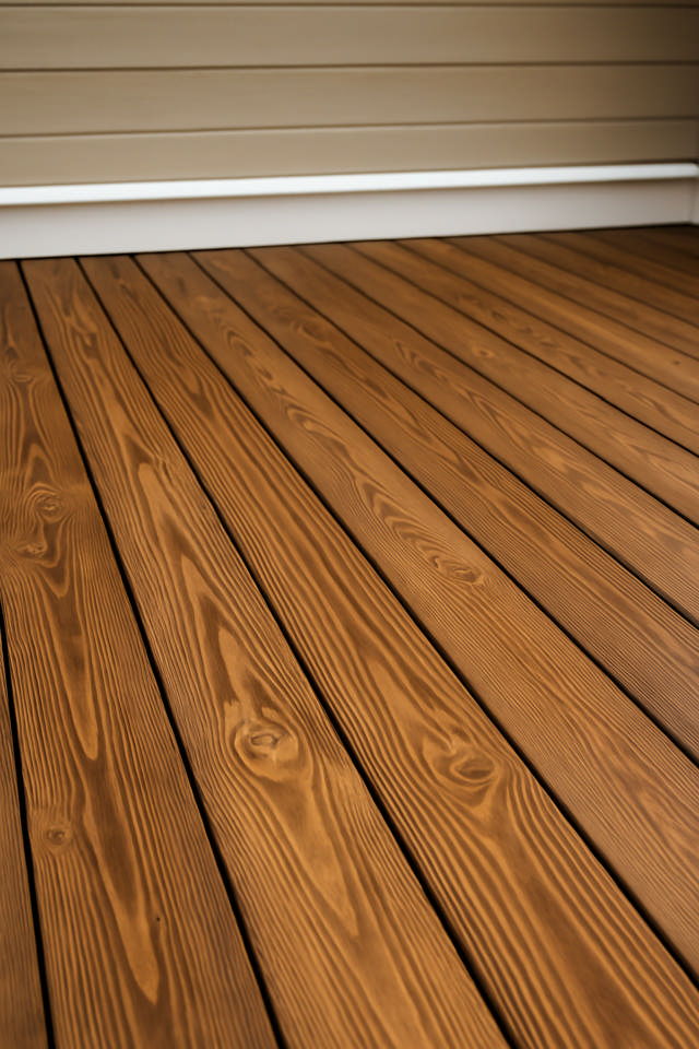 Närbild på trädäck av värmebehandlat virke.