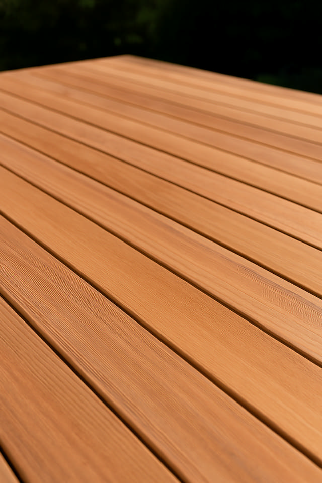 Ett stort trädäck av ceder med matsalsmöblemang på trallen och  i direkt anslutning till en pool.