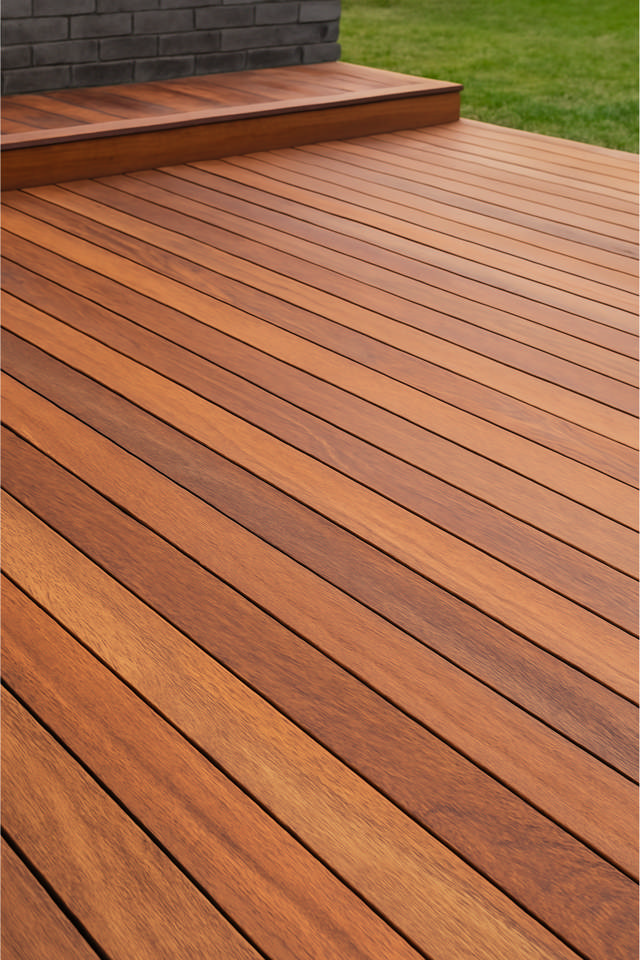 Artimas vaizdas į aukštos kokybės kietmedžio terasą, pasižymintį patvariu ir tvirtu paviršiumi, puikiai tinkančiu lauko terasoms.