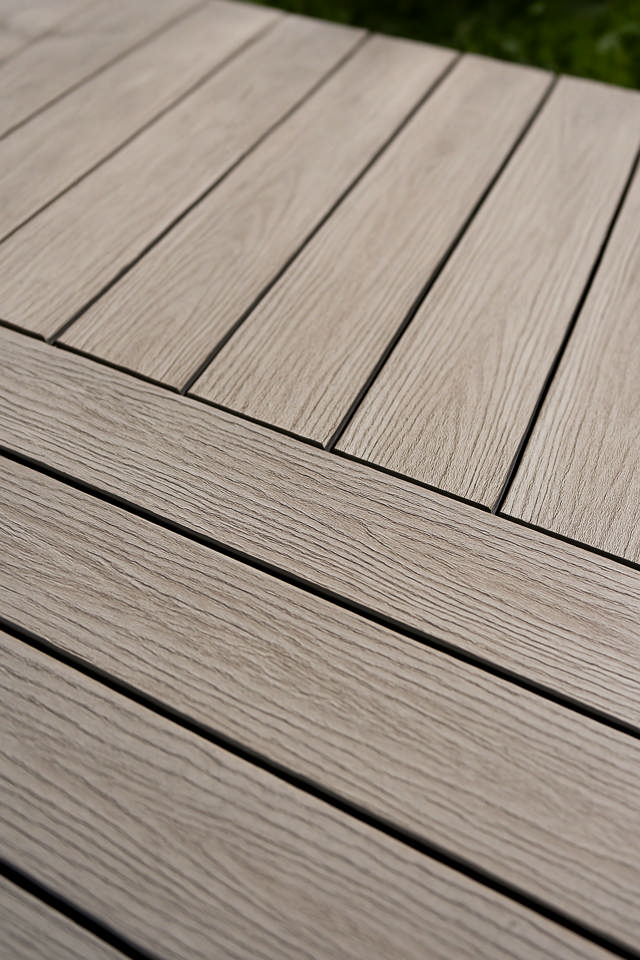 Altan byggt av rillat träkompositvirke.